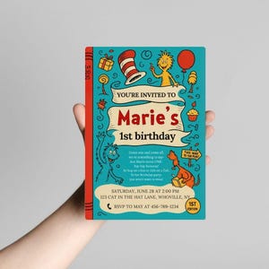Faire-part d'anniversaire Dr. Seuss pour enfants | Invitation de fête d'anniversaire modifiable, imprimable coloré inspiré de Seuss, fête de livre de contes