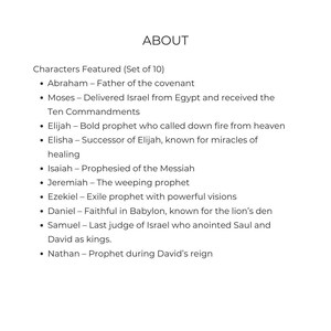 May include: White background with the word "ABOUT" at the top. Below, a list of 10 biblical characters is presented, including Abraham, Moses, Elijah, Elisha, Isaiah, Jeremiah, Ezekiel, Daniel, Samuel, and Nathan, with brief descriptions.