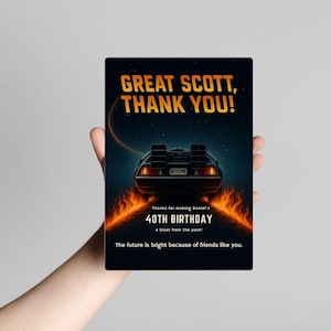 Cartão de agradecimento de "De Volta para o Futuro" | Lembrancinha de festa retrô DeLorean, aniversário infantil de filme dos anos 80, Great Scott, convite de BTTF, convite de aniversário de 40 anos