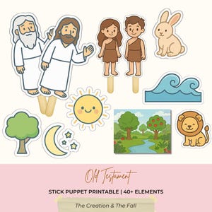 May include: A collection of colorful, cartoon-style stick puppets featuring characters and elements from the Old Testament. Includes figures of God, Adam, Eve, a rabbit, a lion, and a landscape scene. The text reads "Old Testament" and "Stick Puppet Printable | 40+ Elements".