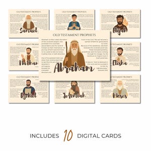 May include: A set of 10 digital cards featuring illustrations of Old Testament prophets, including Abraham, Samuel, and Moses. Each card has a portrait and text describing the prophet's life and significance. The cards are beige with brown text and illustrations.