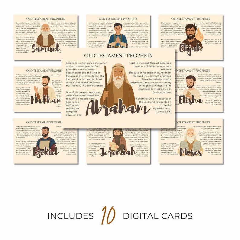 May include: A set of 10 digital cards featuring illustrations of Old Testament prophets, including Abraham, Samuel, and Moses. Each card has a portrait and text describing the prophet's life and significance. The cards are beige with brown text and illustrations.