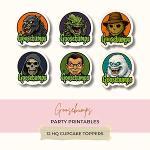 May include: Twelve Goosebumps themed cupcake toppers featuring different characters from the book series. The characters include a werewolf, a monster, a scarecrow, a skeleton, a ventriloquist dummy, and a yeti. The toppers are printed on high quality cardstock and are perfect for a Goosebumps themed party.