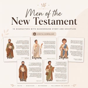 May include: A digital download featuring five illustrated cards titled Men of the New Testament. Each card depicts a historical figure, including Paul, Lazarus, Stephen, Titus, and Luke, accompanied by biographical text and scripture references.