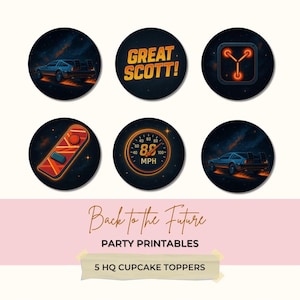 Back to the Future Cupcake Toppers – Printable 80s Sci-Fi Party Decor, DeLorean, Flux Capacitor, Hoverboard Icons, Retro Birthday Circle Tag