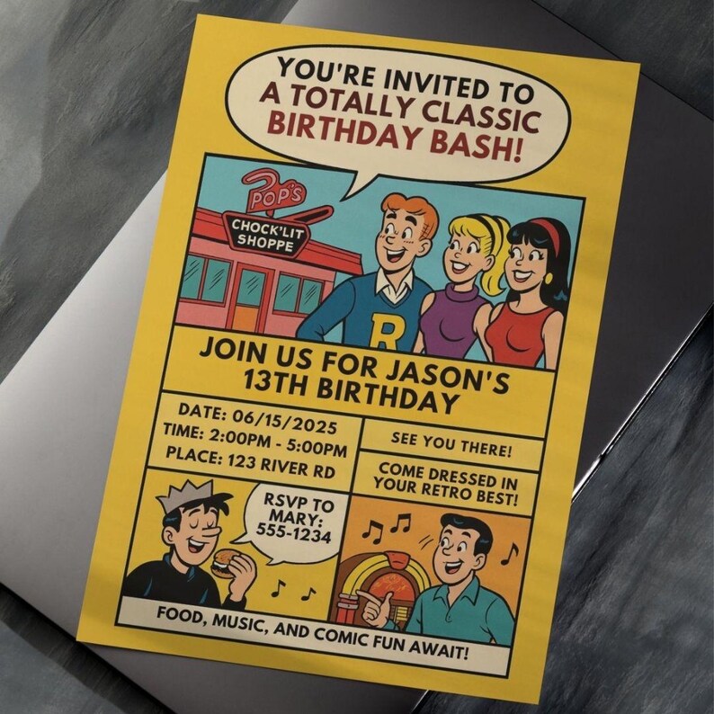 Retro Archie Comics Birthday Invitation – 1950s Comic Book Party Invite ...