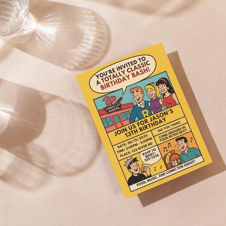 Retro Archie Comics Birthday Invitation – 1950s Comic Book Party Invite ...