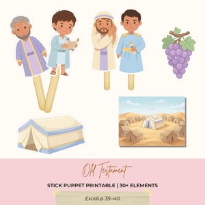 Puede incluir: Un conjunto de marionetas de palo del Antiguo Testamento. La imagen incluye ilustraciones de personajes, una tienda de campaña, un racimo de uvas y una escena del desierto. El texto dice "Old Testament", "Stick Puppet Printable | 30+ Elements" y "Exodus 35-40".