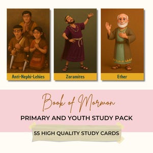 Tarjetas de estudio del Libro de Mormón / 55 tarjetas de personajes, Guía de Seminario para Jóvenes SUD, Primaria, Herramienta de estudio "Ven, sígueme", Tiempo para compartir de la Primaria