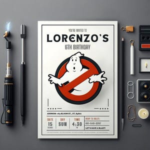 May include: A white and red Ghostbusters themed birthday invitation featuring a cartoon ghost in a red circle with a diagonal line through it. The invitation reads "You're invited to Lorenzo's 6th Birthday" and includes the date, day, time, address, and RSVP details.