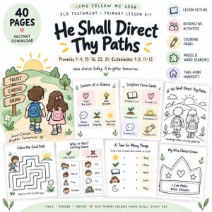 May include: A 40-page digital lesson kit titled He Shall Direct Thy Paths featuring illustrations of children on a path, scripture focus cards, coloring pages, mazes, word searches, and handouts. The kit includes activities like sorting games and crowns.