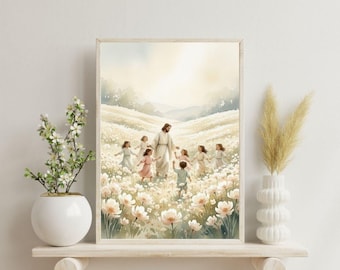 Peut inclure: Une impression encadrée à l'aquarelle représente une figure en robes blanches guidant des enfants à travers un champ de fleurs blanches. L'œuvre d'art a une palette de couleurs douces et pastel avec une atmosphère chaleureuse. L'impression est exposée sur une étagère en bois clair.