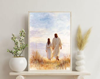 Peut inclure: Impression d'art encadrée représentant deux personnages vêtus de robes blanches marchant main dans la main dans un champ. Le ciel est bleu et jaune, et la scène est baignée d'une lumière douce et chaleureuse.
