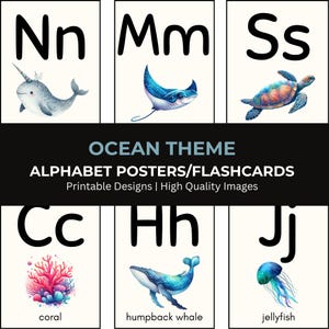 Druckbare Ozean Alphabet Poster und Lernkarten Klassenzimmer Dekor Kinder Alphabet Poster ABC Buchstaben süße ästhetische Meerestiere unter dem Meer