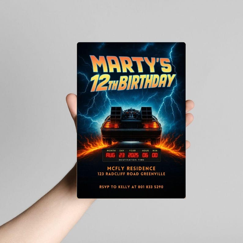 Back to the Future 40th birthday invitation featuring the iconic DeLorean, fiery tire tracks, and lightning bolts in a cinematic retro 80s design.