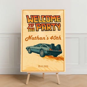 May include: A party welcome sign on an easel. The sign has the words "WELCOME TO THE PARTY" in orange and yellow, with "Nathan's 40th" below. A teal car graphic is at the bottom, with the date 05.10.2025.