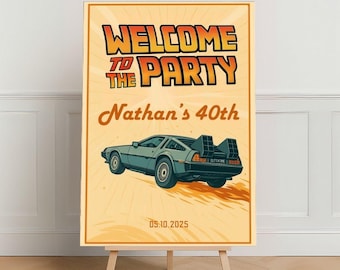 Back to the Future Birthday Welcome Sign – Printable 80s Retro Party Sign, DeLorean Time Travel Poster, 40th Birthday Decor, Doc Brown decor