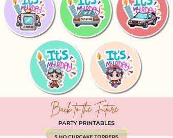 Back to the Future Cupcake Toppers, Time Travel Birthday Party Printables, 80s Movie Theme, Doc Brown, Chibi Retro Party Decor, BTTF