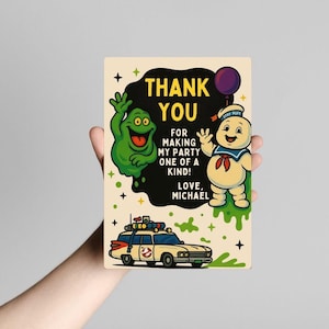 Ghostbusters Dankeskarte | Druckbare Retro Slimer & Stay Puft Design, Geburtstag Ghostbusters-Thema, Stay Puft, Slimer, Ghostbusters Invite