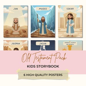 Puede incluir: Un conjunto de seis carteles ilustrados con figuras del Antiguo Testamento como Job, Moisés e Isaías. Los carteles están diseñados en un estilo de dibujos animados con colores suaves e incluyen el texto "Old Testament Pack" y "Kids Storybook". La parte inferior de la imagen dice "6 High Quality Posters".