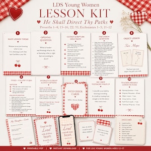 May include: A printable LDS Young Women lesson kit titled He Shall Direct Thy Paths, featuring ten numbered cards with red gingham borders and cherry icons. The set includes discussion questions, scripture references, activity cards, and a lesson outline.
