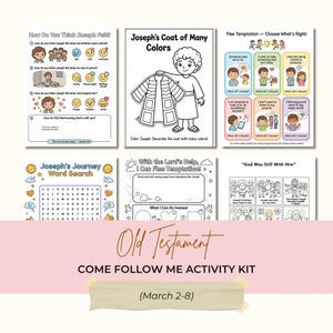 May include: A collection of printable activity sheets for children, featuring illustrations and text related to the Old Testament. Includes coloring pages, word searches, and prompts for reflection. The kit is themed around the story of Joseph and the phrase "Come Follow Me."