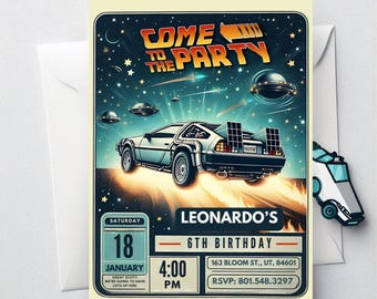 Invito per la festa di compleanno di Ritorno al futuro (5 opzioni) Invito digitale per bambini a tema fantascienza per la festa Invito stampabile per la festa Great Scott