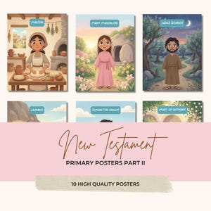 Op de afbeelding: Een set van tien hoogwaardige New Testament Primary Posters Part II. De illustraties tonen bijbelse figuren zoals Martha, Maria Magdalena, Judas Iskariot, Lazarus, Simon de Zeloot en Maria van Bethanië in een getekende cartoonstijl.
