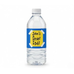 May include: A clear plastic water bottle with a white cap. The bottle has a blue label with a yellow square in the center. The text "John's Secret Stuff" is written on the yellow square, and the label is secured with tape.