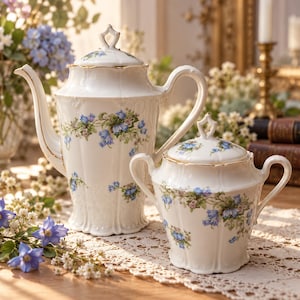 Könnte beinhalten: Eine Kaffeekanne und eine passende Zuckerdose aus weißem Porzellan mit einem zarten Blumenmuster aus blauen glockenförmigen Blüten und grünem Blattwerk. Jedes Teil hat einen gewellten Rand, Goldverzierungen und einen Deckel mit Knauf.