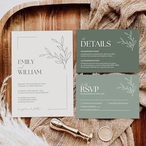Sage Hochzeitseinladungs-Set, Boho Hochzeitseinladungs-Set, Sage Grün Boho Minimalist Blätter Einfache Einladungsvorlage