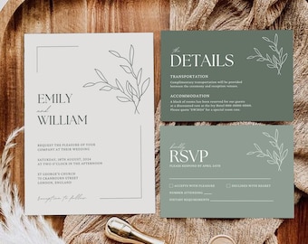 May include: A wedding invitation suite with a minimalist design. The invitation card is white with black text and a simple line drawing of leaves. The RSVP card is green with white text and a line drawing of leaves. The text on the invitation card reads "Emily and William" and includes the date, time, and location of the wedding. The text on the RSVP card reads "Kindly RSVP" and includes instructions for guests to respond by April 14th.