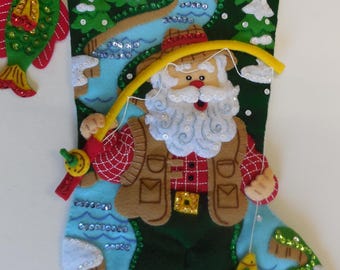 Finished Christmas Stocking - Fly Fishing Santa