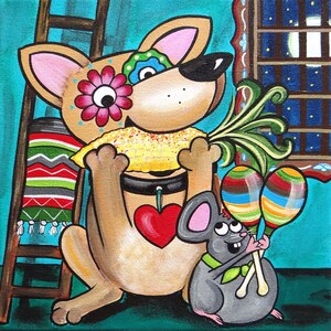 May include: A cartoon dog wearing a heart necklace and holding a corn cob, with a cartoon mouse wearing a green scarf and holding maracas. The dog is brown with pink ears and a flower on its face. The mouse is gray with pink ears. The background is a teal blue with a ladder and a window.