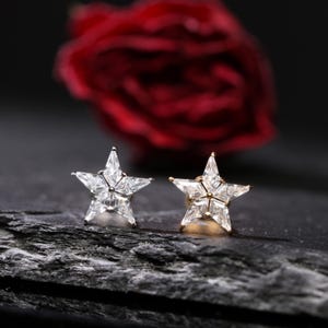 May include: Two star-shaped stud earrings with clear, faceted stones. One earring has a silver-colored setting, and the other has a gold-colored setting. The earrings are displayed on a dark, textured surface with a blurred red rose in the background.
