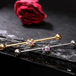 14G AB Rainbow Zirconia/Sun Shape/Ear Bridge Piercing/Industrial Barbell Piercing/Cartilage Earring Stand Jewelry 38mm