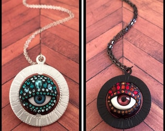 Custom Spinning Eye Pendant - choose color & finish - blue, green, brown with vintage Swarovski crystal rhinestones - one of a kind oddity