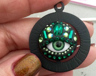 カスタムスピニングアイペンダント - 色と仕上げを選択 - 青、緑、茶色、ヴィンテージスワロフスキークリスタルラインストーン - ユニークな一品
