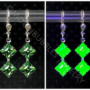 Vintage Uranium Glass rhinestone geometric earrings in crystal peridot silver Vaseline glass jewelry plus mini uv light glows image 1