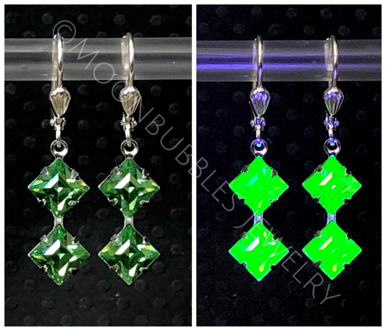 Vintage Uranium Glass rhinestone geometric earrings in crystal peridot silver Vaseline glass jewelry plus mini uv light glows image 1