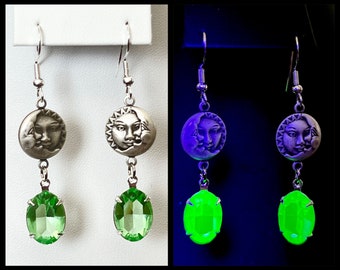 Vintage Uranium Glass gems set with celestial moon dangle earrings | Vaseline glass green   uranium glass earrings silver tone free uv light