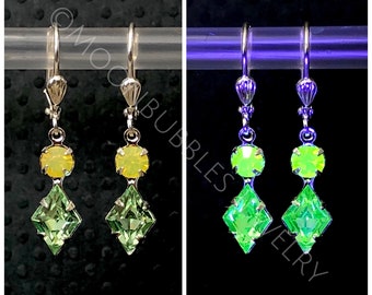 Vintage Uranium Glass rhinestone geometric earrings in crystal peridot yellow opal & silver Vaseline glass jewelry uv light glows