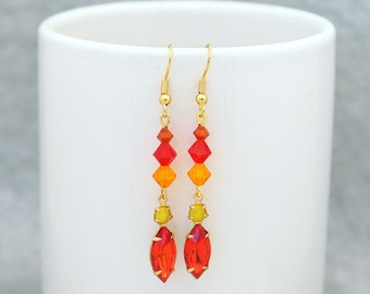 Earrings on fire  - Swarovski Sun, Indian red, and Siam with hyacinth and vintage moonstone