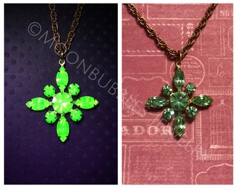 Vintage Uranium Glass rhinestone pendant in crystal peridot floral cross glows black light Vaseline glass jewelry plus mini uv light