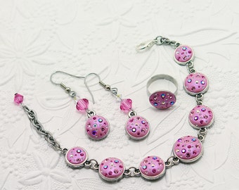 Positively Pink Parure - Bracelet, Earrings, and Ring in shimmering pink and loaded with Swarovski crystal rhinestones in silver tone