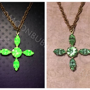 Vintage Uranium Glass rhinestone pendant in crystal peridot Victorian cross glows black light Vaseline glass jewelry plus mini uv light image 1