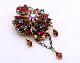 Superbe combo collier et broche victorienne - rubis, gris, marron vintage Swarovski avec perles - parfait cosplay steampunk ou gothique