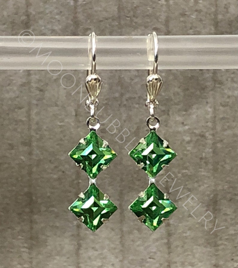 Vintage Uranium Glass rhinestone geometric earrings in crystal peridot silver Vaseline glass jewelry plus mini uv light glows image 3