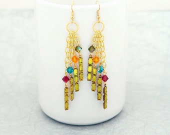 カスケードイヤリング - ライム、オリビン、オレンジ、ルビー、ジルコンのスワロフスキーが滴り落ちる - 唯一無二