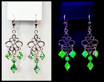 Vintage Uranium Glass rhinestones set in swirly flourish earrings | Vaseline glass green  uranium glass earrings silver tone free uv light